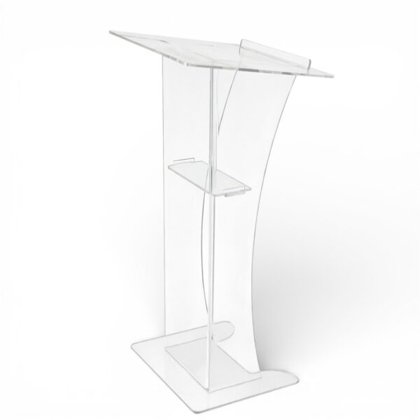Kliritna akrilna govornica modernog dizajna, idealna za konferencije, prezentacije i javne nastupe, uz mogućnost brendiranja.