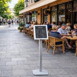 Rotirajuća samostojeća info tabla sa A4 klik-klak ramom idealna je za menije, cjenovnike i obavještenja u restoranima, hotelima i prodajnim objektima.