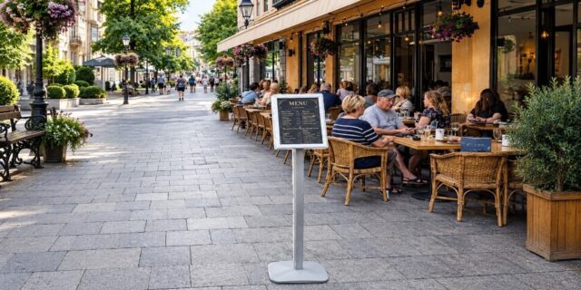 Rotirajuća samostojeća info tabla sa A4 klik-klak ramom idealna je za menije, cjenovnike i obavještenja u restoranima, hotelima i prodajnim objektima.