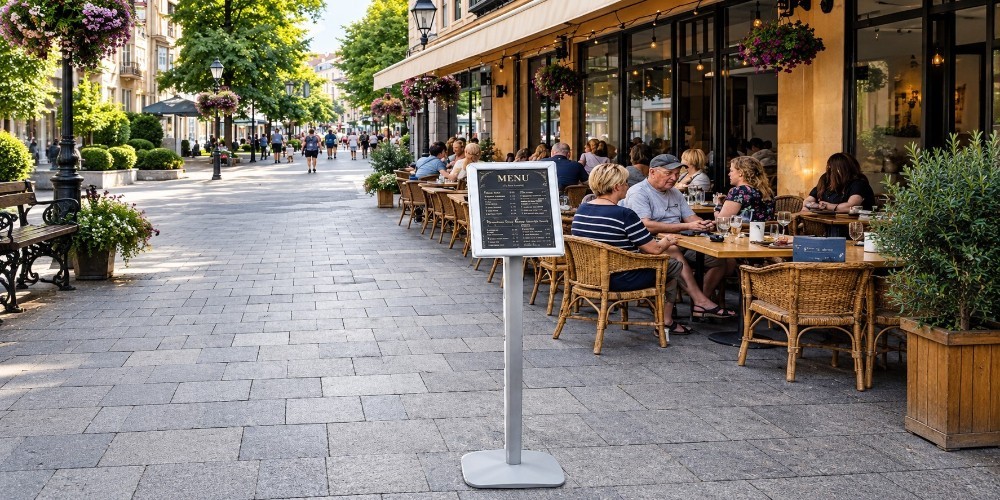 Rotirajuća samostojeća info tabla sa A4 klik-klak ramom idealna je za menije, cjenovnike i obavještenja u restoranima, hotelima i prodajnim objektima.