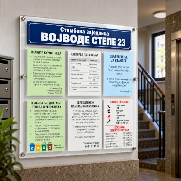 Oglasna kliritna info tabla sa džepovima za A4 materijale, štampanom naljepnicom i metalnim distancerima. Idealna za poslovne i stambene objekte.